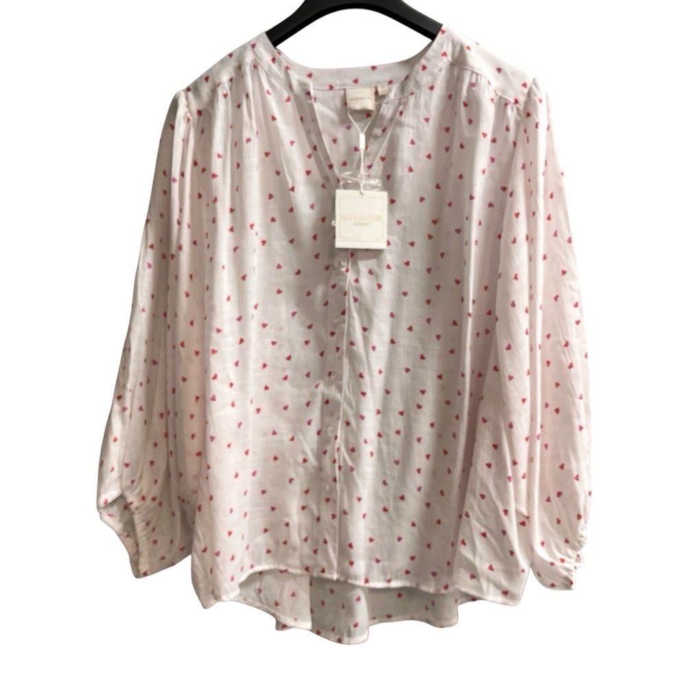 Zac & Rachel Top Womens 2X White Pink Hearts Button Down Blouse Balloon Sleeve